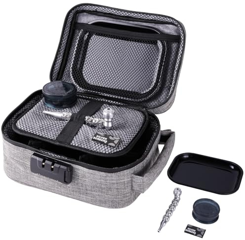 LIVBTS Smell Proof Bag with Lock | Odor Proof Case with Activated Carbon Lining, 6 Dividers, Rolling Tray, Grinder and Metal Pipe