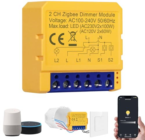 Dimmer 2-vägs, intelligent ZigBee-dimmer, röststyrning/timer, ingen neutral ledare behövs, ZigBee-styrenhet för LED-remsor, kompatibel med Alexa, Google Home, iOS Android App, dimbara lampor