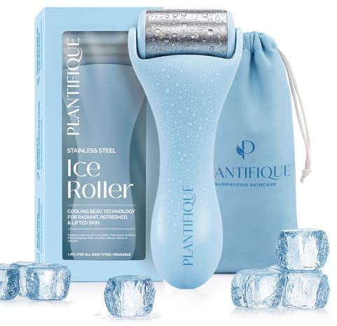 PLANTIFIQUE Facial Ice Roller - Puffiness Cryotherapy Skin Care Massage Tool - Stainless Steel Roller for Men & Women - Metal Massager for Face, Eyes and Body