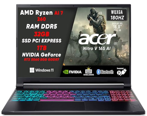 Acer Nitro V 16 AI Notebook Gaming AMD Ryzen AI 7 260, NVIDIA GeForce RTX 5060 8GB GDDR7, 32GB DDR5, 1TB SSD NVMe, Display 16 WQXGA 2560x1600 180Hz IPS, Tastiera RGB, WiFi 6E, Windows 11