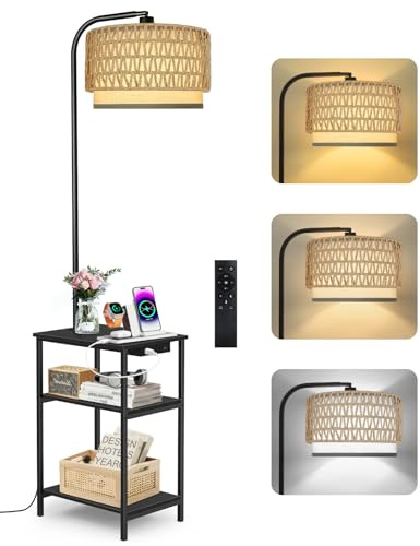 OUTONLIFE Lámpara de Pie con Mesa y Pantalla de Ratán, Luz LED Regulable con Control Remoto, 3 Temperaturas de Color, Mesa de Noche con Función de Carga, para Salón, Dormitorio y Oficina