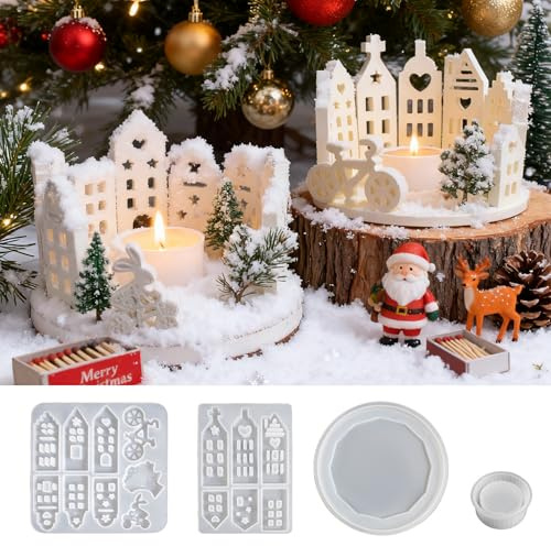 4 Stück Silikonformen Gießformen Weihnachten,Silikonformen Gießformen Kerzenhalter,Gießform Häuser,Silikonform Mini Häuser,Gießform Häuser,Silikonform Haus für Weihnachten Kerzenhalter