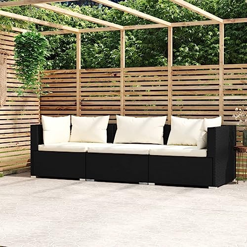 Teenpull 3-Sitzer-Sofa, Schwarz Poly Rattan Gartensessel mit Kissen, wasserfestes Loungesofa für Terrasse, Balkon, Garten, langlebiges Outdoor-Möbelset