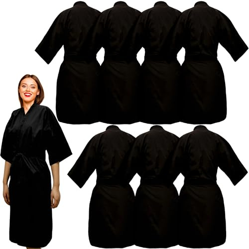 Flotory 8 Pack Salon Client Gown Robes Cape Waterproof Hair Stylist Gown with Belt Kimono Style Smock for Haircut Coloring, Black