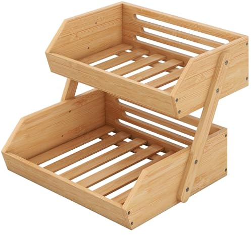 CROWNSHOP 2-Tier Bamboo Fruits Basket Fruits Bowl Holder Bread Basket | Vegetable Fruits Holder Organiser fruit bowl vegetable storage rack for Kitchen Home Decorative Storage
