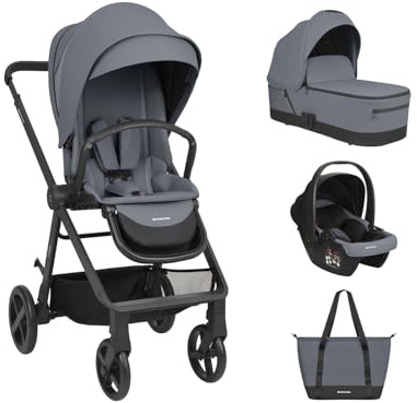 Kikka boo Passeggino combinato Mia 3 in 1, navicella, portabebè, borsa fasciatoio, materasso grigio