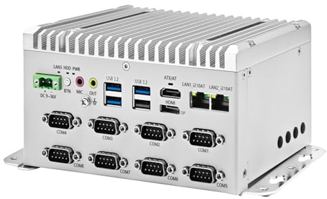 Glovary Fanless Mini PC i5 1235U (10C12T, up to 4.4GHz), 2 x i210AT Gigabit LAN, Linux Industrial Computer Din Rail, Barebone, 8 x RS232 COM, Dual Display, 3USB3.2, 9-36V Auto Power on