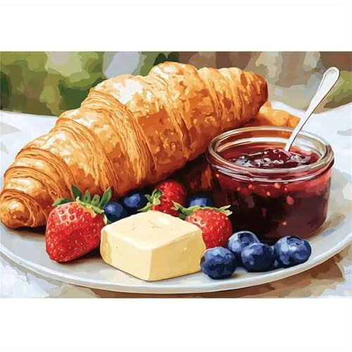 Croissant Brot Früchte Malen Nach Zahlen Kit,mlen nach zahlen Für Erwachsene Anfänger Ohne Rahmen DIY Paint by Numbers auf Leinwand mit Pinseln Acryl Ölgemälde für Home Wand Dekoration 30x40 cm