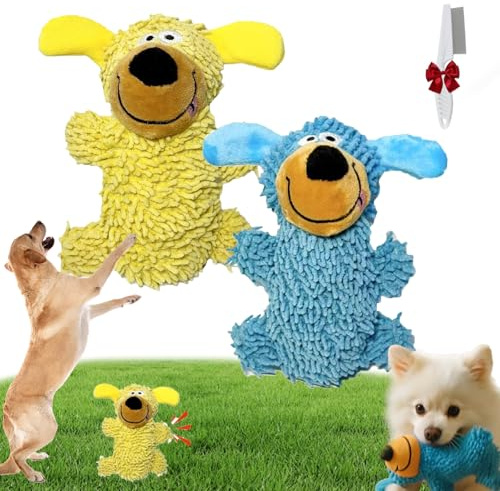 Qosneoun Kicherndes Zahnreinigungsspielzeug in Hundefarben, Kauspielzeug für Hunde mit Zahnbürstenfunktion, interaktives Spielzeug, Selbstquietschendes Plüschspielzeug für Hunde (Blau+Gelb)