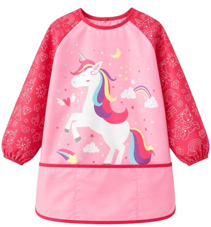 Livdouyu Einhorn Wasserdicht Langarm Malerkittel Schule für Mädchen | Kindermalschürze, Wasserfestes Nylon, 3 Taschen, 3-12Jahre, für Malen,Malerei,Kochen,Basteln