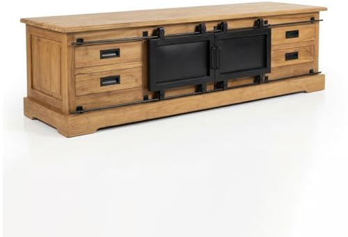 Meuble TV Grand modèle L. 180 cm en Bois de Teck Massif avec 4 tiroirs 2 Portes coulissantes et poignées en métal Noir – Ambiance Industrielle Authentique – Edwards