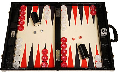 Wycliffe Brothers Backgammon-Turnierset – Schwarzes Kroko mit cremefarbener Spielfläche (Schwarze Points) – Gen III