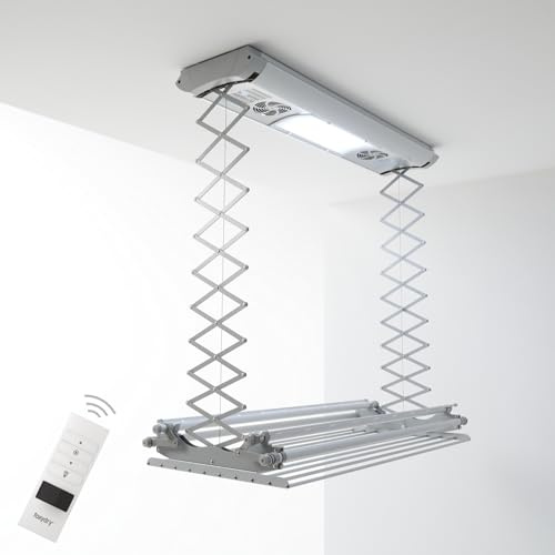 foxydry Air, Ceiling clothes drying rack, ceiling mounted retractable remote-controlled clothesline, electrical drying rack in aluminium and steel, 122x57x30 cm / 48x22.4x11.8 in