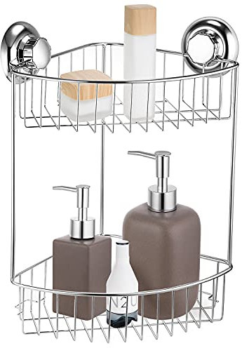 MaxHold No-Drilling Suction Cup Two Tier Corner Shower Basket - Vaccum System - Stainless Steel Never Rust - for Bathroom & Kitchen