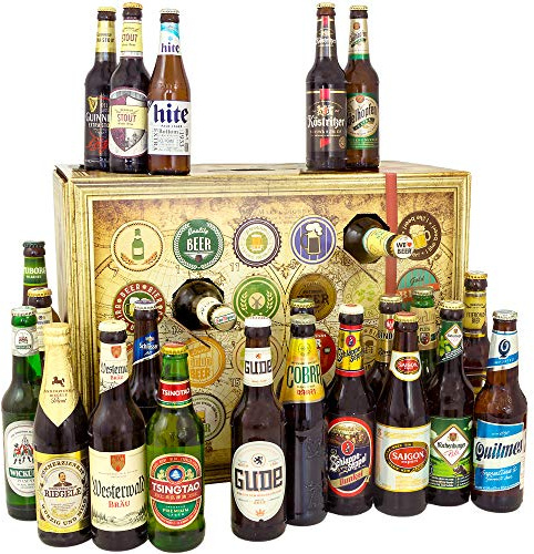 Bier-Adventskalender Welt & Deutschland - 24 Flaschen Geschenk-Set | Internationaler Bierkalender mit 24x Mehrweg-Flaschen, Bierbuch, Urkunden und edlem Karton in Holzoptik für Männer