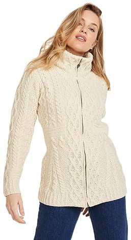 Irisk aran stickad jacka stickad kappa med dragkedja | supermjuk yllekappa volljacke cardigan av merinoull för kvinnor från Aran Woollen Mills