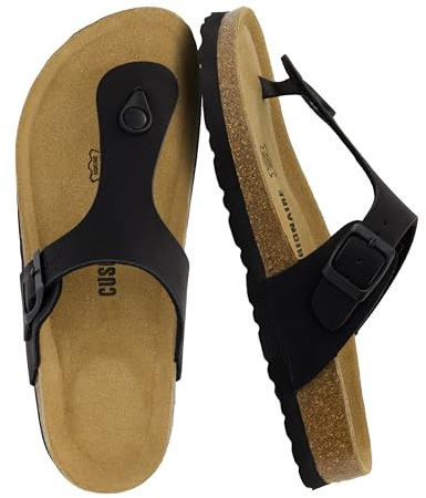 CUSHIONAIRE Leah Cork Footbed Thong Sandals for Women 2025 with Adjustable Strap and Arch Support, BLACK 9