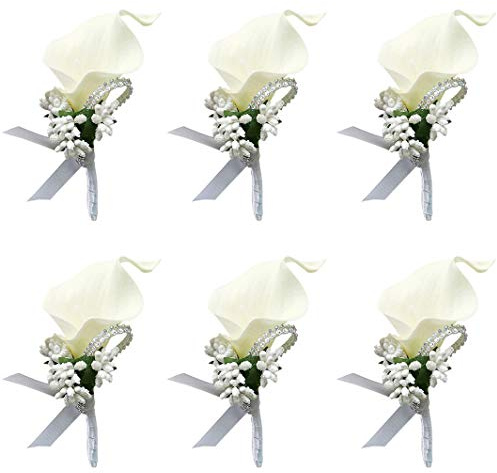 ChezMax Calla Lily White Boutonniere Handmade Silk Flower with Ribbon Corsage for Bride Groom Wedding Party 6 Packs