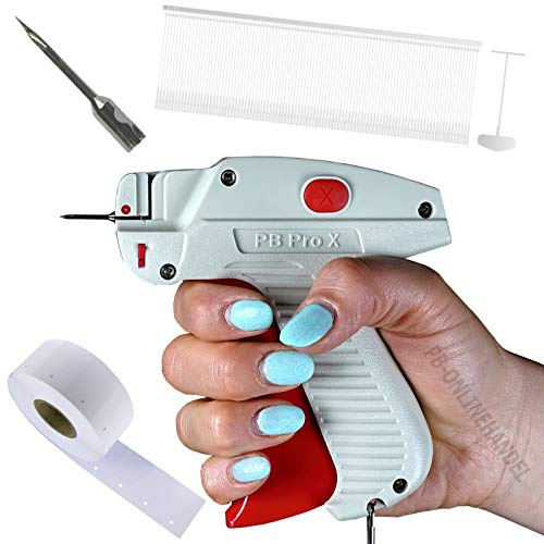Etikettierpistole PB PRO Fein Set 2: 1.000 Fäden, 1 Nadel | Micro-Heftfaden, Kartonetiketten 30x40mm auf Rolle, 1 Ersatznadel, Fadenlänge 15mm
