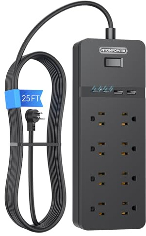 25 ft Extension Cord Flat Plug, NTONPOWER 8 Outlet Surge Protector Power Strip with 4 USB Ports(2 USB C), 15A Circuit Breaker, Wall Mount Surge Protector for Home, Office, Workbench or Garage,Black
