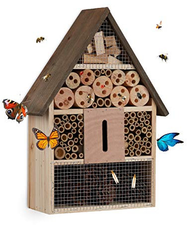 Relaxdays Insektenhotel, Nisthilfe Wildbienen & Schmetterlinge, Garten, Balkon, Bienenhotel HxBxT 37 x 26 x 11 cm, Natur