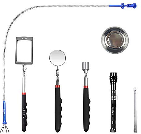 MEEQIAO 7er Teleskop Werkzeug, LED Magnet Inspektionsspiegel, Inkl. LED Licht der Aufnahmestange, Inspektionsspiegel und Taschenlampe, Teleskopgriff 360 Grad Drehbar, Auto, Van, LKW, Motorrad, Innen