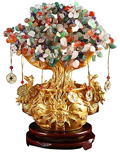 Árbol en bolsa de dinero para buena suerte W4658Colorido gran chino cobre dinero árbol 7 Chakra Reiki ornamento estatua colorido árbol de bonsái de la fortuna en bolsa de dinero para la prosperidad