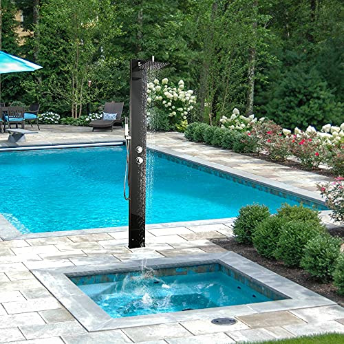 Gartendusche “Amrum” von ELBE aus Edelstahl 304 und gehärtetem Schwarzglas, mit Einhebelmischer, Überkopfdusche, Handbrause, ohne Bodenplatte, für Garten, Pool und Außenbereich