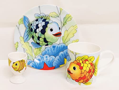 Happy Fish Ensemble de petit-déjeuner 3 pièces en porcelaine anglaise avec assiette, tasse et coquetier décorés à la main