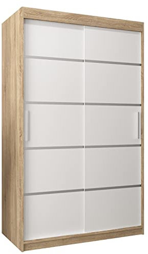 MEBLE KRYSPOL Schwebetürenschrank Verona 1 120 cm Kleiderschrank mit Kleiderstange und Einlegeboden Schlafzimmer- Wohnzimmerschrank Schiebetüren Modern Design (Schubladen: 0, Sonoma + Weiß)