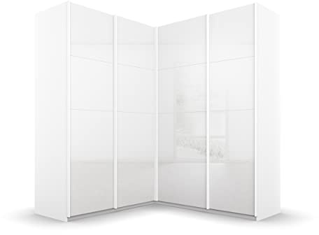 Rauch Möbel QUADRA, Eckschrank, Farbe Glas Weiß, Breite 181 cm | Eckschrank mit Schwebetüren, 4-türig, 4 Glastüren, für Schlafzimmer, Gästezimmer, Ankleidezimmer, Garderobe