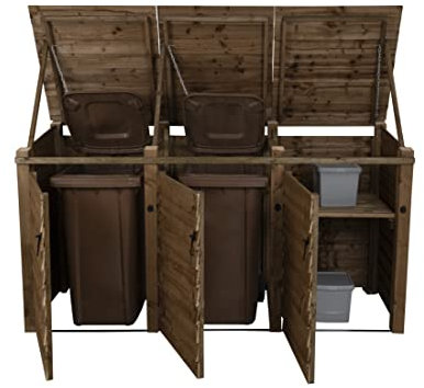 Arbor Garden Solutions Wheelie bin storage pressure treated garden recycling store lid shed outdoor trash cover (Triple, With recycling shelf, Brown)