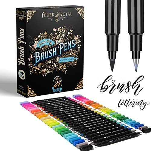 FEDER ROYAL Handlettering Stifte in 24 Farben – Brush Pen mit 2 Kalligraphie Spitzen für feines & breites Handlettering – Brush Pen Set – Kalligraphie Set – Pinselstifte inkl. E-Book