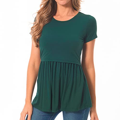 Bearsland Women’s Nursing Top Short Sleeve Scoop Neck Nursing Shirt Breastfeeding Shirt Pregnancy Clothes, Deep Green,XXL
