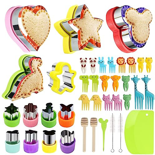 Lot de 38 emporte-pièces pour enfants, emporte-pièces Sanwich, légumes, fruits avec fourchettes à fruits, sandwich pour enfants, pour gâteaux, biscuits, fruits, sandwich, coupe-légumes