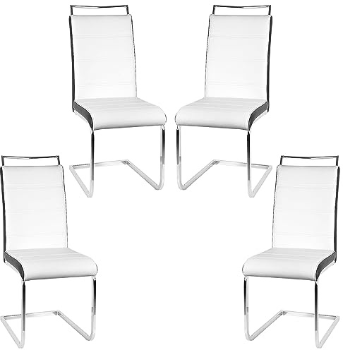 homewell Esszimmerstühle 4er Set, Ergonomisch Sitz U-Form Esszimmerstuhl Schwingstuhl Freischwinger, PU Leder Gepolsterte Küchenstuhl und Edelstahlbeine (Weiß und Schwarz, 4)