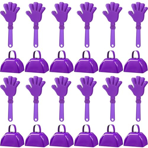 ZCYSRLQIN 24 Pcs Hand Clappers and Metal Cowbells Noise Makers Cheering Clappers Cow Bells Handle Cheers Dance Basketball Football Noise Makers Sporting Events Graduation School Sports Party (Purple)