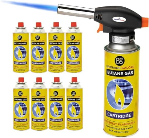 Blow Torch with 8 Butane Gas Bottles - for Camping, Cooking, Kitchen, BBQ, Desserts, Creme Brulee | Refillable Flamethrower Welding Refill Auto Ignition Soldering Weed Burning Blowtorch Lighter