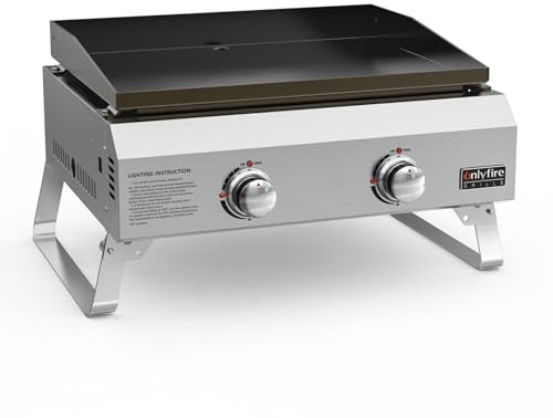 onlyfire Plancha Tischgasgrill, Mobiler BBQ Tischgrill Gas, Kleiner Gasgrill Balkon, Tragbarer Gas-Plancha, inkl. 2 Brenner aus Edelstahl, Grillfläche 45,8 x 36 cm, Keramische Lackbeschichtung, 4,7KW