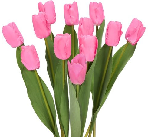 DuHouse 12pcs Pink Flowers Artificial Tulips Real Touch Tulip Bouquets in Bulk Fake Tulips Flowers for Home Kitchen Decoration Wedding Party