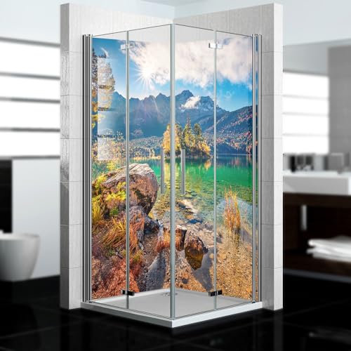 dedeco Eck-Duschrückwand wasserfest Motiv: Berg V7, 2 x 100x210 cm, als Badrückwand zum Fliesenersatz, als Dekorwand, Wandverkleidung und Duschplatte aus Aluminium - Made in Germany