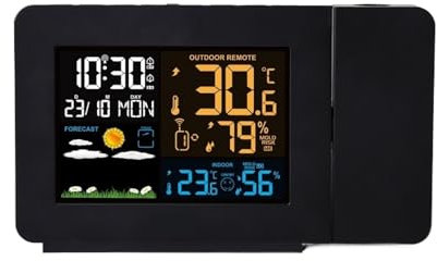 nmbhus Projection Alarm Clock Weather Station With Projection |Weather Monitor |DCF Radio Control | Calendar |7 Languages| Backlight Alarm Clock for Bedroom Decor
