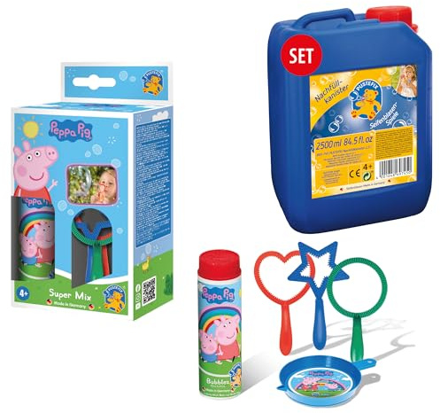 PUSTEFIX Super-Mix Peppa Pig & Nachfüllkanister 2,5 L I Seifenblasen Kinder Set I 70 ml Seifenblasen Flüssigkeit I Bunte Bubbles für Partys & Geburtstage