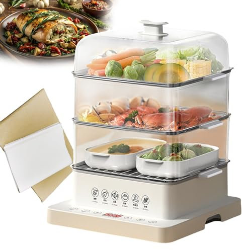 forplubossmmp Vaporizador Eléctrico Doméstico | Calentador De Comida Caliente Reserva 12h | Vaporera Plegable De Tres Capas con Bandeja De Acero Inoxidable De 40l | con Papel para Hornear 500