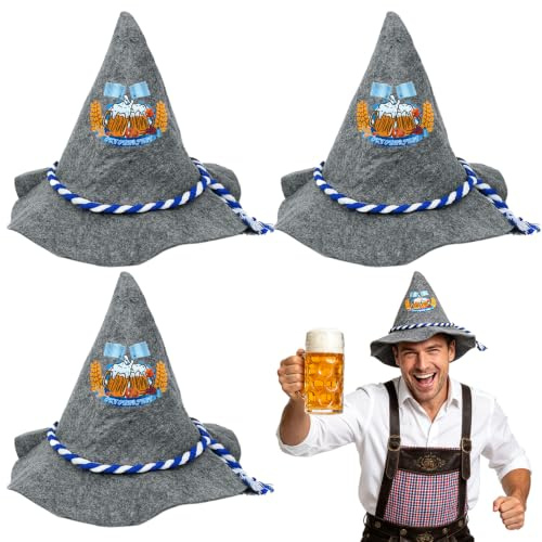 LGZIN 3 Stück Bayern Seppelhut, Oktoberfest Filzhut, Trachtenhut für Oktoberfest, Oktoberfest Hut, Bayern Filzhu-t für Herren Damen, Blau-Weiße Kordel Filzhut, Trachtenhut für Bayrische Volksfeste