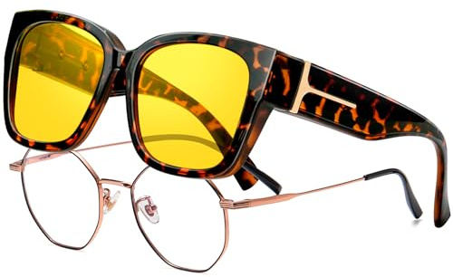 KANASTAL Stora Nattkörningsglasögon för Glasögonbärare Polariserade Anti Bländning Herr Dam UV400 Skydd Leopardmönster Bågar Gula Glas