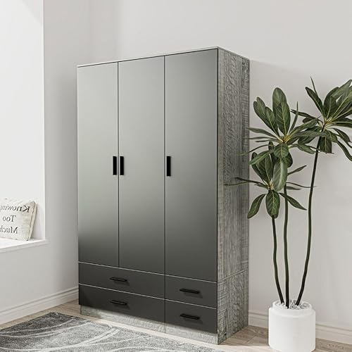 URBNLIVING Modern 3 Door 4 Drawer Wardrobe with Hanging Rail, Bedroom Furniture, Storage Shelf Clothes Organiser Stylish Design, Ample Storage Solution (Ash Grey & Black)