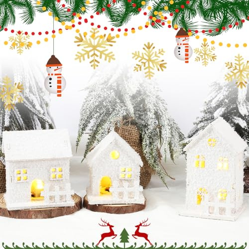 Lotvic Christmas Village Houses, 3 PCS White Christmas House with Snow and LED Lights, 8-12cm Winter Light Up Village Sets for Xmas Desktop Ornament, DIY Landscape Decor
