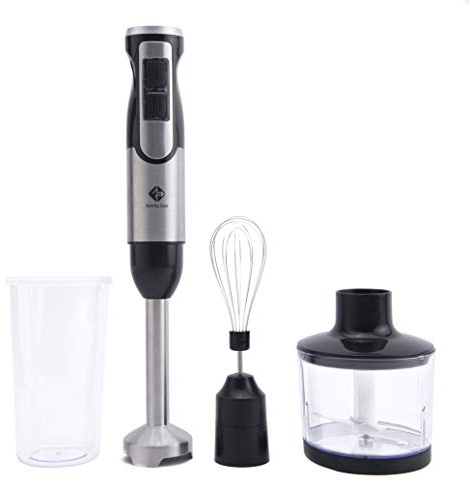Family Care Batidora de Mano 1000W, 4 Cuchillas Titanio QuattroBlade muy Afiladas, 8 Velocidades + Turbo, Pie Desmontable de Acero Inoxidable, 3 Accesorios, Iluminación LED
