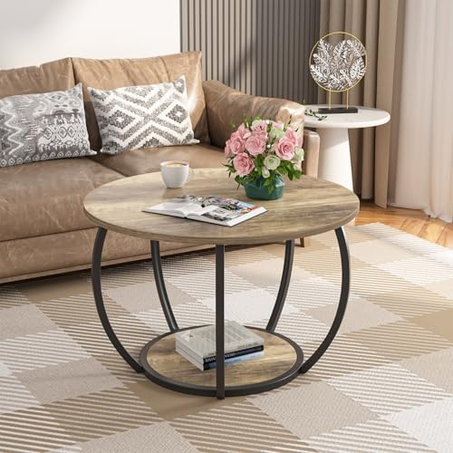 GreenForest Round Coffee Table with 2-Tier Open Storage, 27.6 inch Small Circle Coffee Tables with Adjustable Feet, Modern Mini Center Table for Small Living Room, Grey Wash